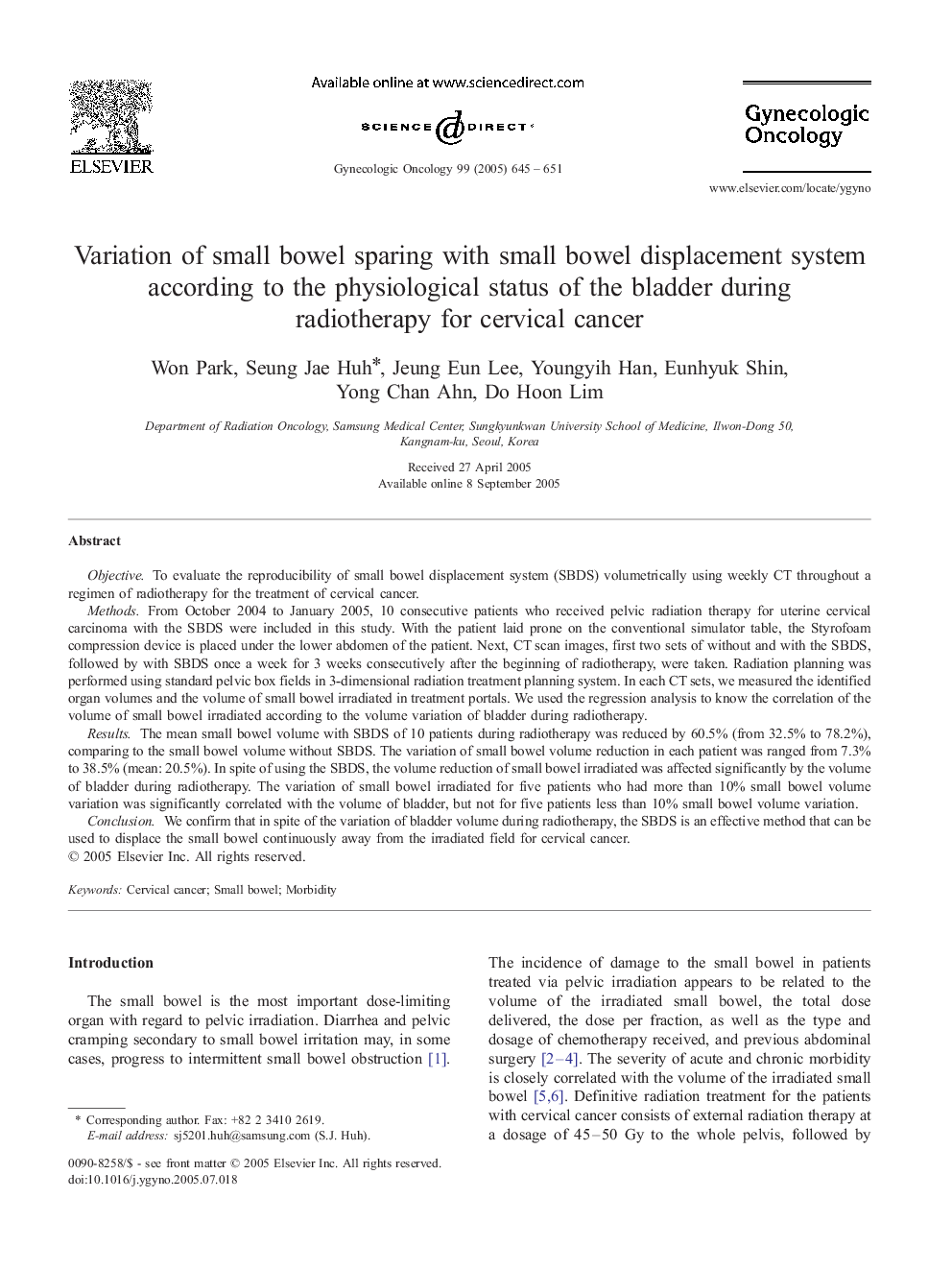 Variation of small bowel sparing with small bowel displacement system according to the physiological status of the bladder during radiotherapy for cervical cancer