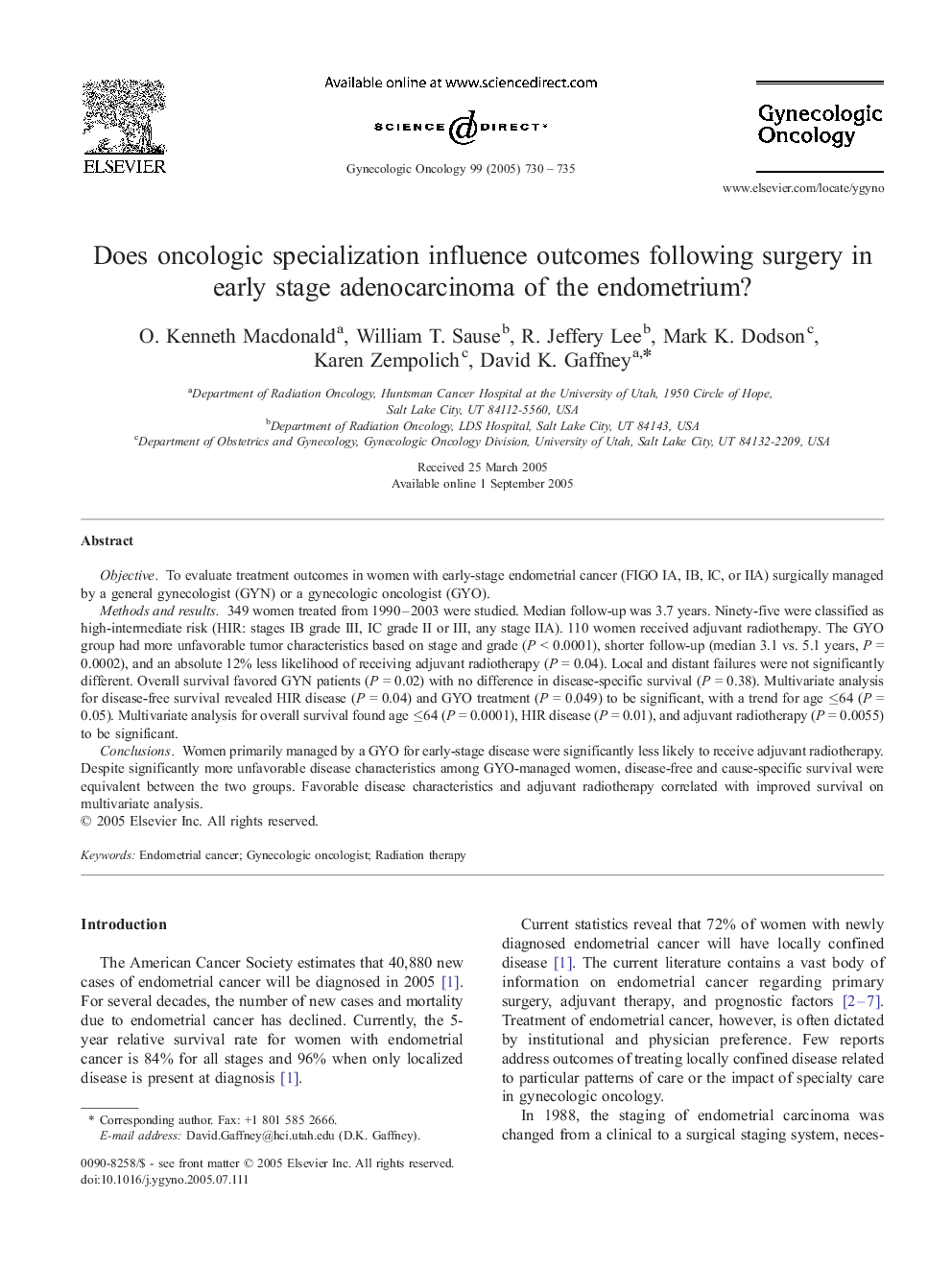 Does oncologic specialization influence outcomes following surgery in early stage adenocarcinoma of the endometrium?