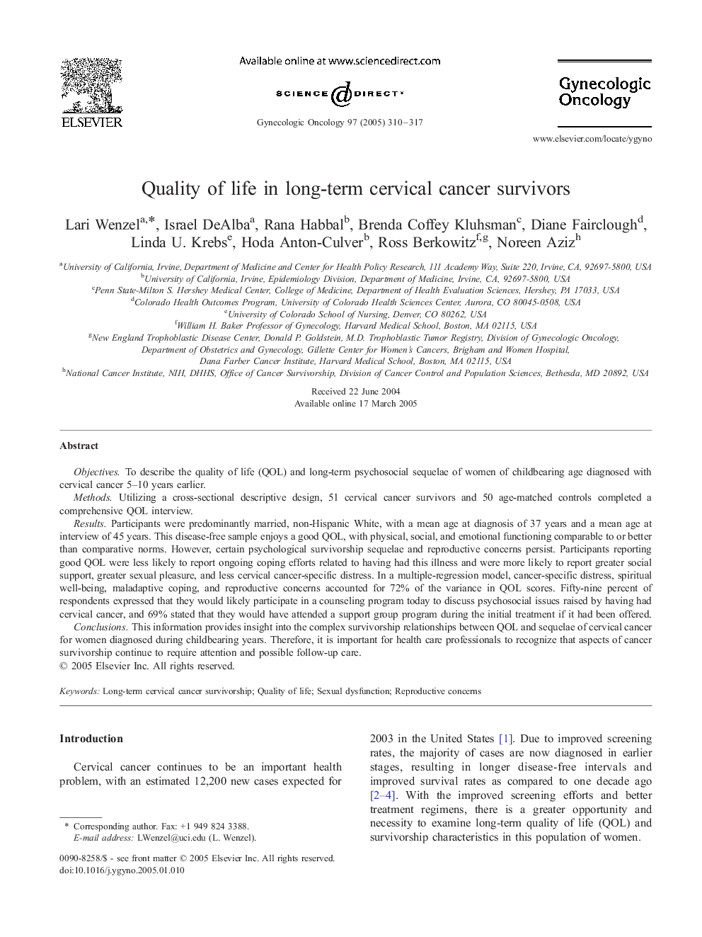 Quality of life in long-term cervical cancer survivors