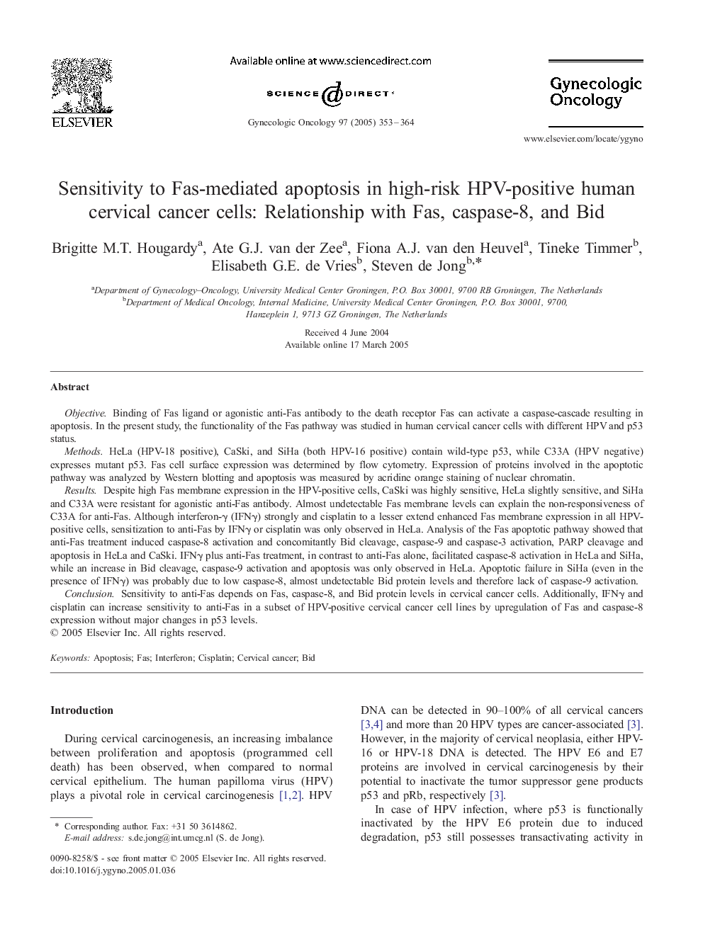 Sensitivity to Fas-mediated apoptosis in high-risk HPV-positive human cervical cancer cells: Relationship with Fas, caspase-8, and Bid