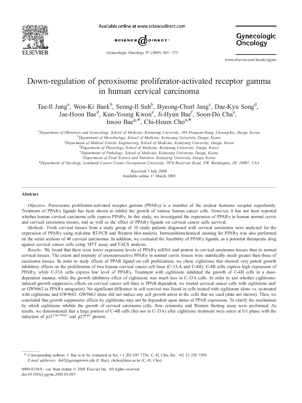 Down-regulation of peroxisome proliferator-activated receptor gamma in human cervical carcinoma