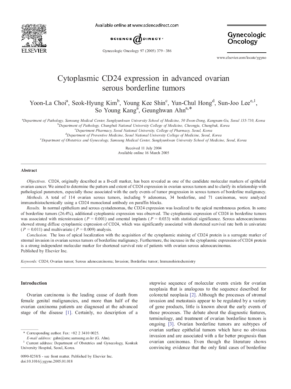 Cytoplasmic CD24 expression in advanced ovarian serous borderline tumors