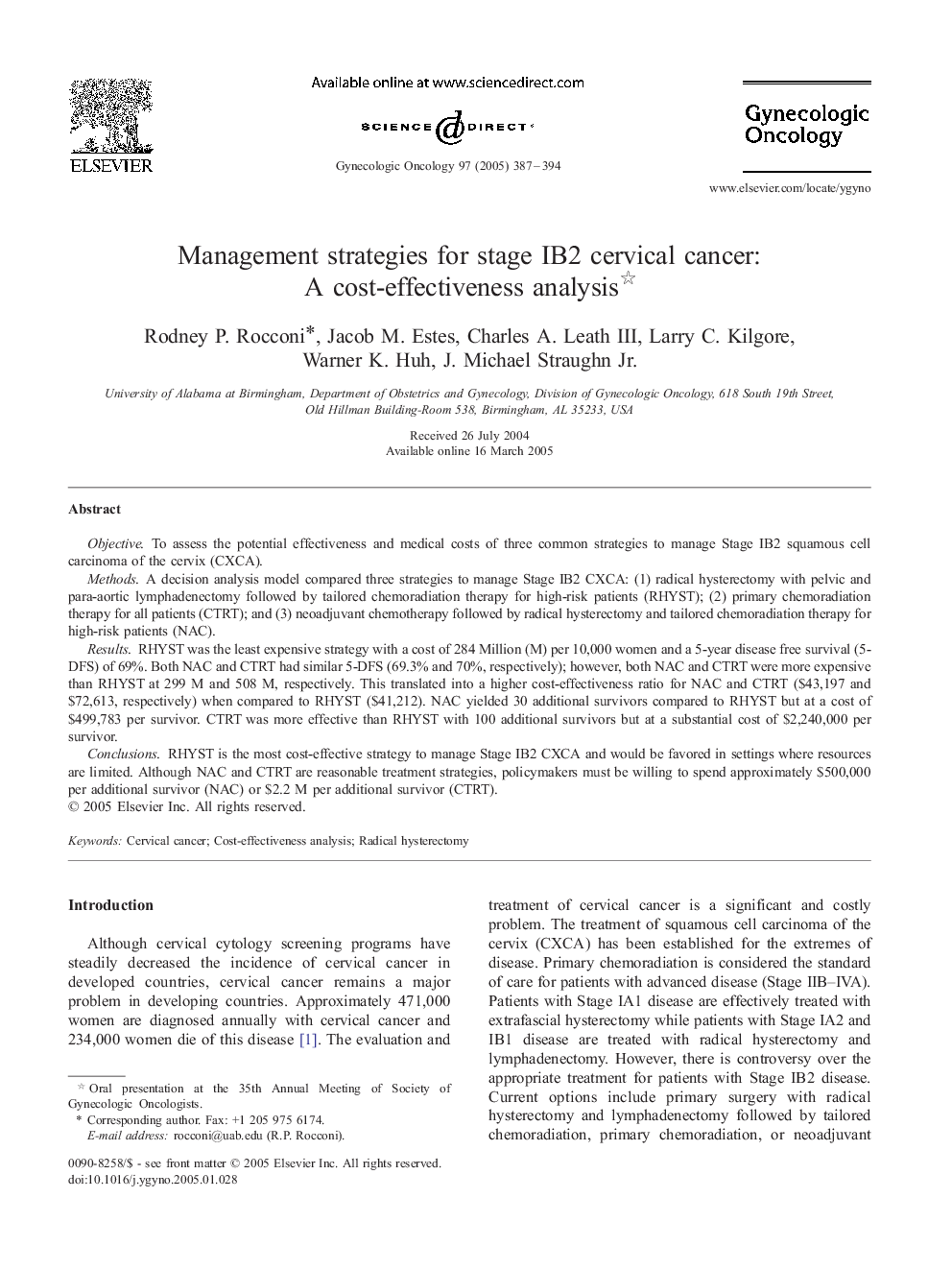 Management strategies for stage IB2 cervical cancer: A cost-effectiveness analysis