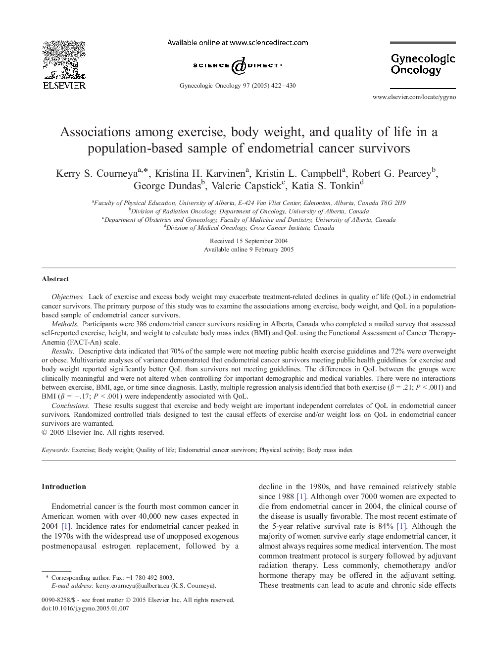 Associations among exercise, body weight, and quality of life in a population-based sample of endometrial cancer survivors