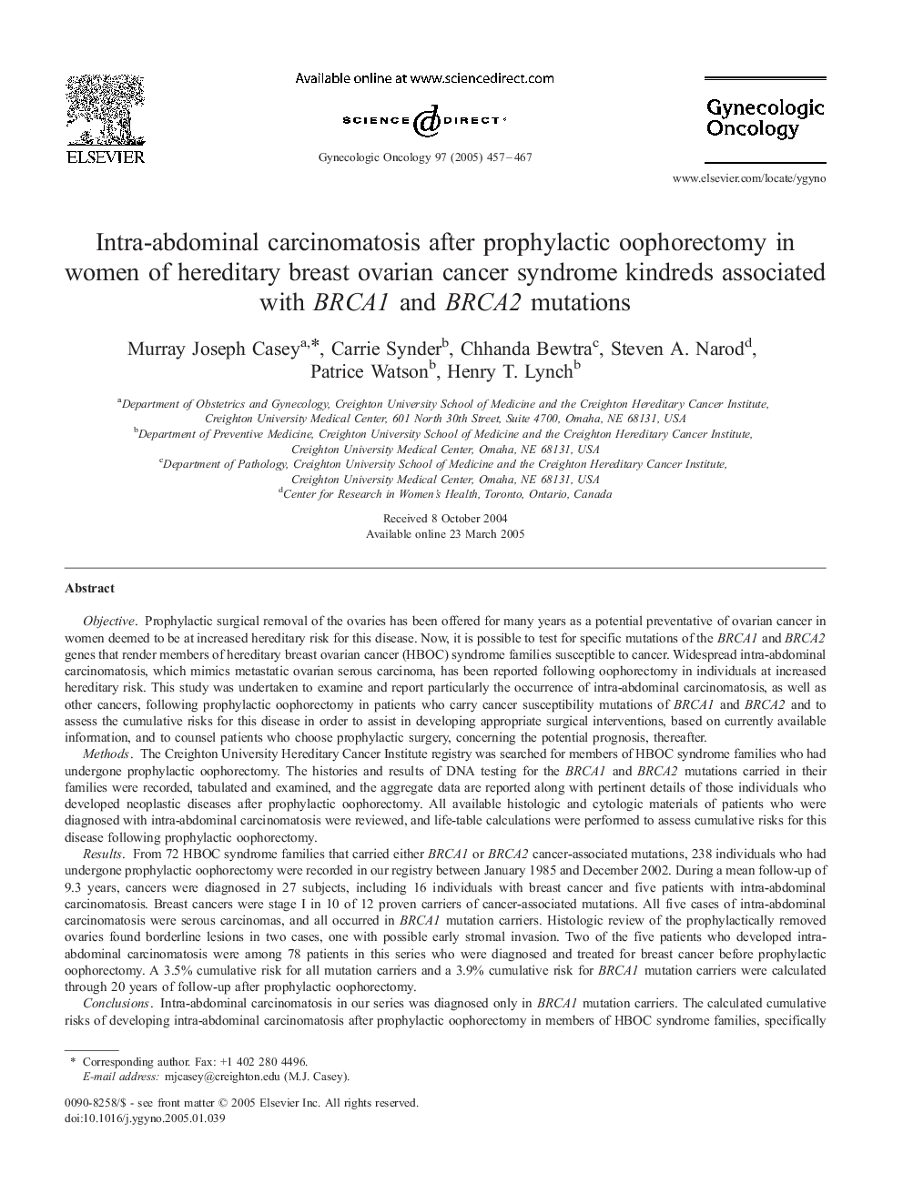 Intra-abdominal carcinomatosis after prophylactic oophorectomy in women of hereditary breast ovarian cancer syndrome kindreds associated with BRCA1 and BRCA2 mutations