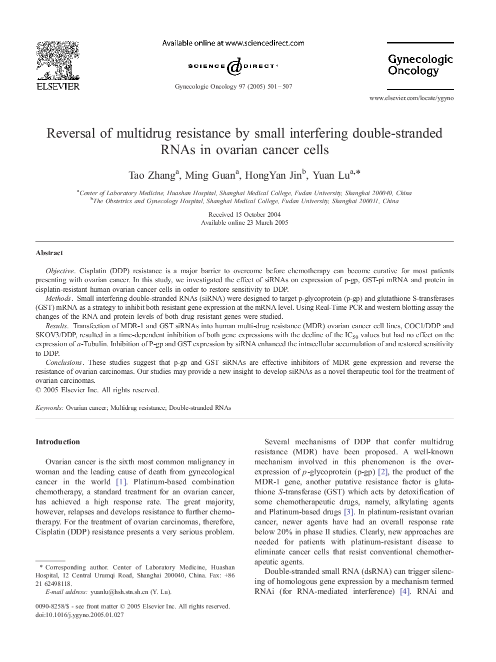 Reversal of multidrug resistance by small interfering double-stranded RNAs in ovarian cancer cells