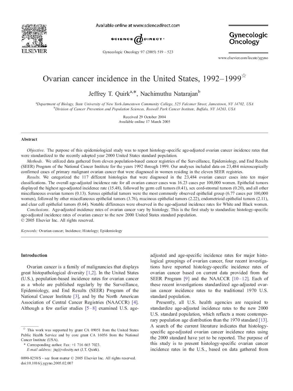 Ovarian cancer incidence in the United States, 1992-1999