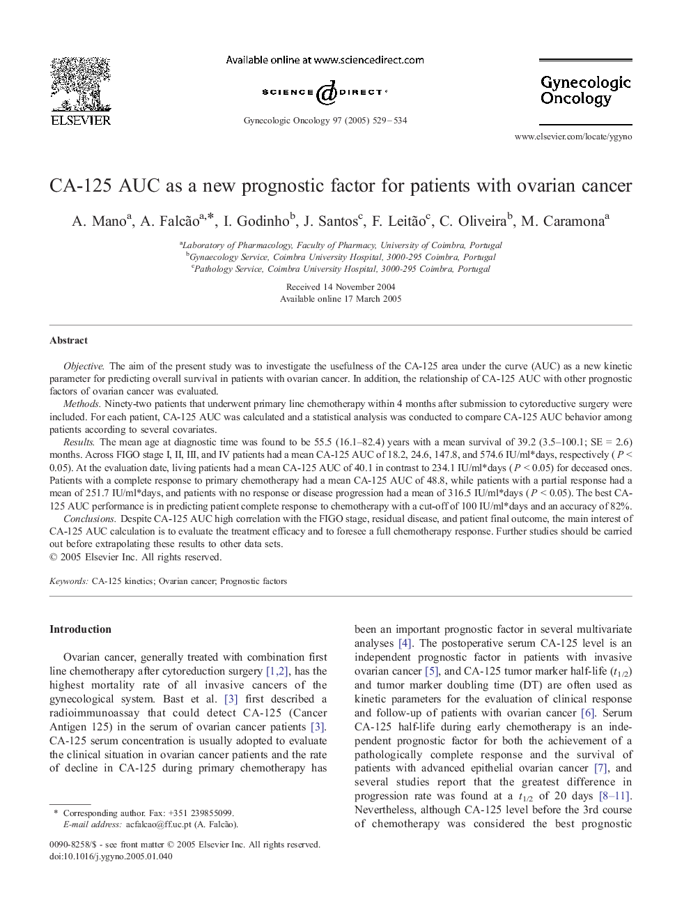 CA-125 AUC as a new prognostic factor for patients with ovarian cancer