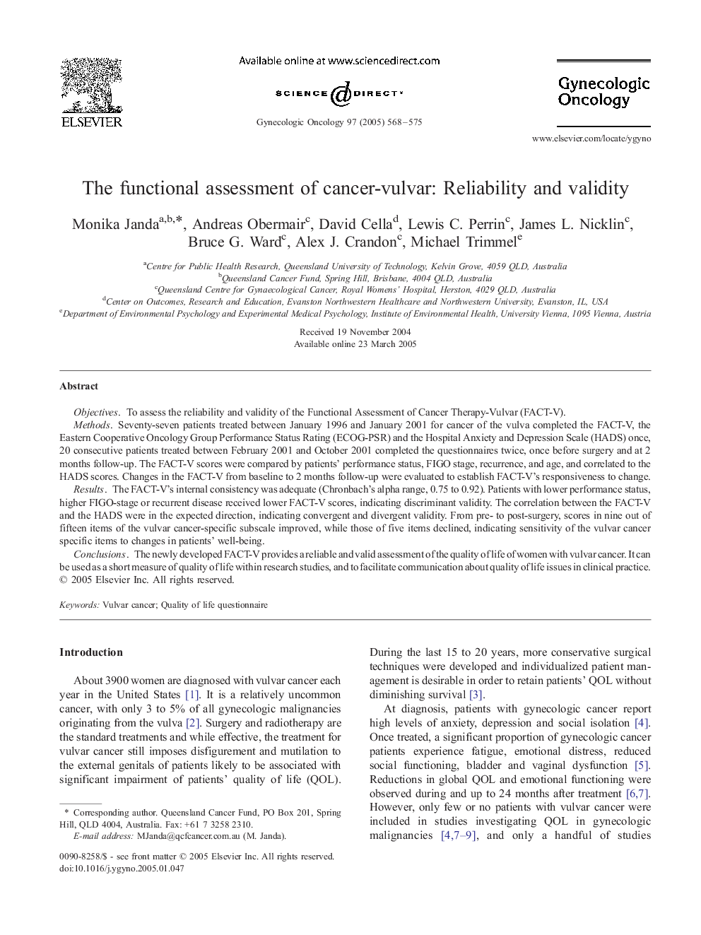 The functional assessment of cancer-vulvar: Reliability and validity