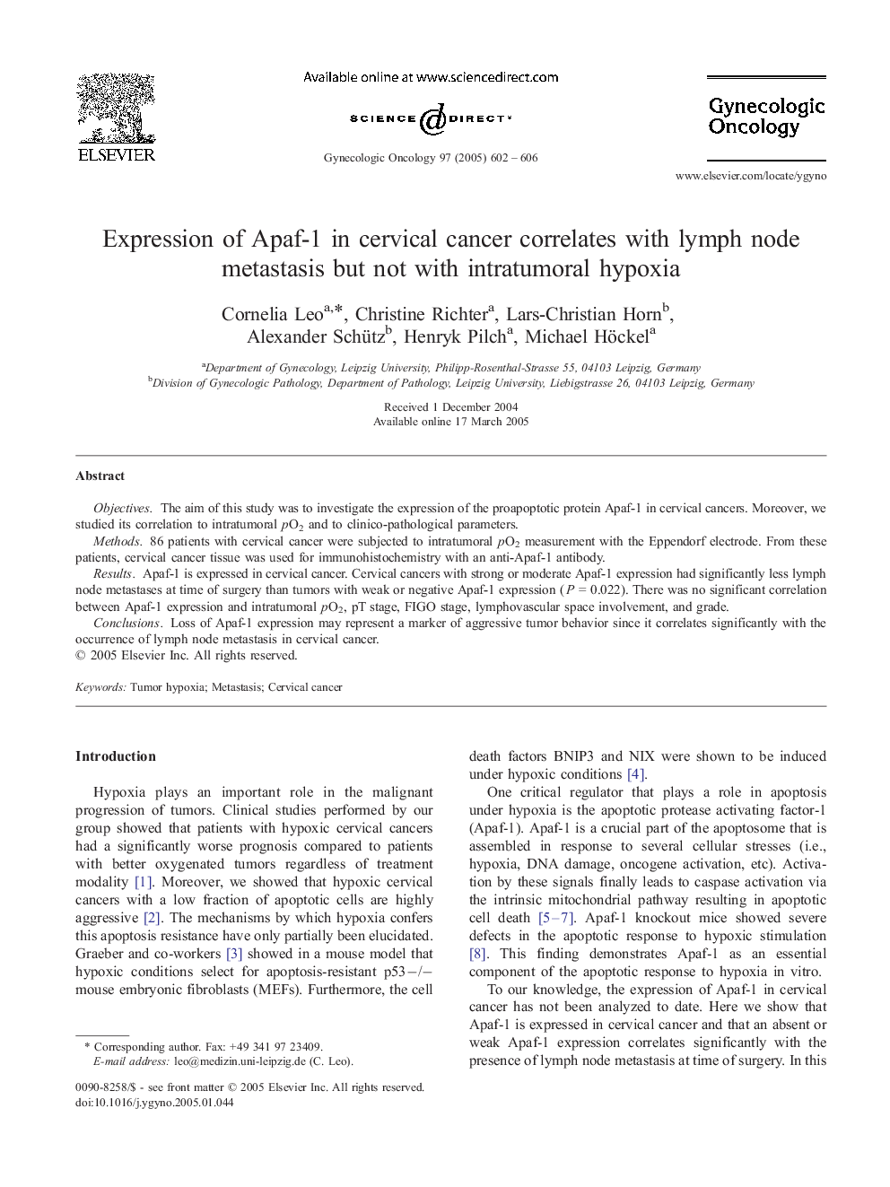 Expression of Apaf-1 in cervical cancer correlates with lymph node metastasis but not with intratumoral hypoxia