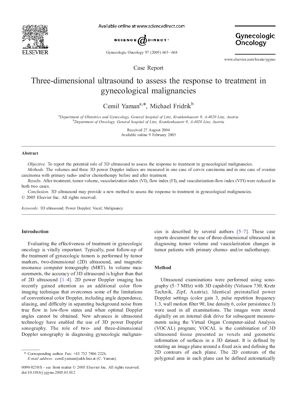 Three-dimensional ultrasound to assess the response to treatment in gynecological malignancies