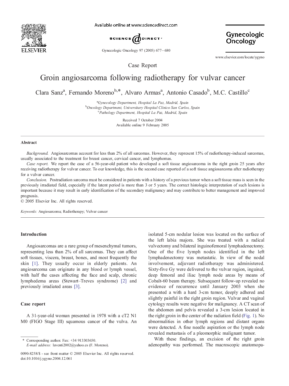 Groin angiosarcoma following radiotherapy for vulvar cancer