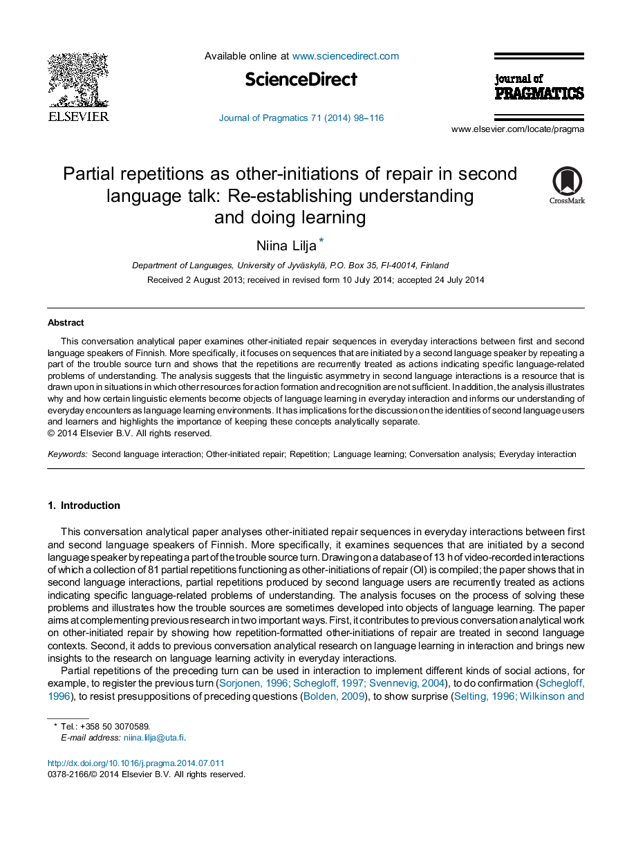 Partial repetitions as other-initiations of repair in second language talk: Re-establishing understanding and doing learning