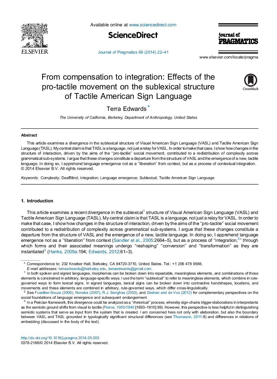 From compensation to integration: Effects of the pro-tactile movement on the sublexical structure of Tactile American Sign Language