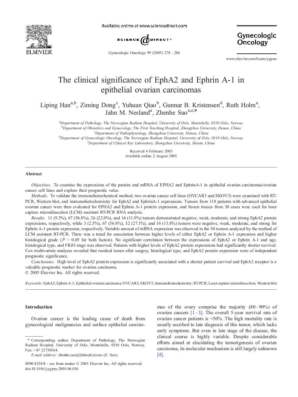 The clinical significance of EphA2 and Ephrin A-1 in epithelial ovarian carcinomas