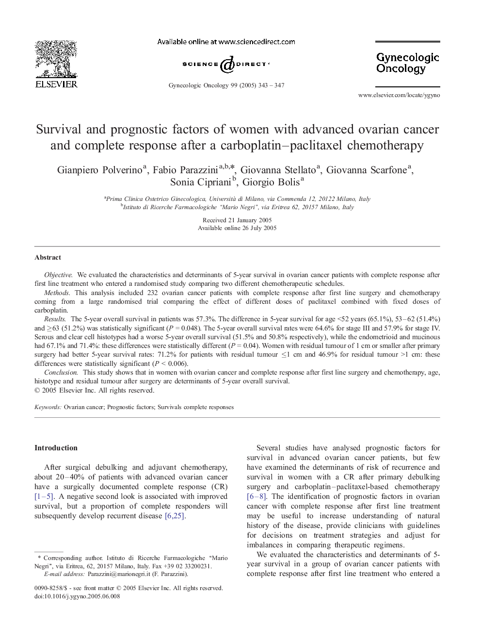 Survival and prognostic factors of women with advanced ovarian cancer and complete response after a carboplatin-paclitaxel chemotherapy