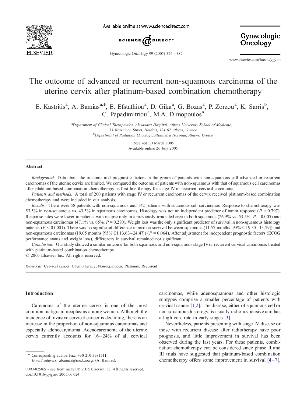 The outcome of advanced or recurrent non-squamous carcinoma of the uterine cervix after platinum-based combination chemotherapy