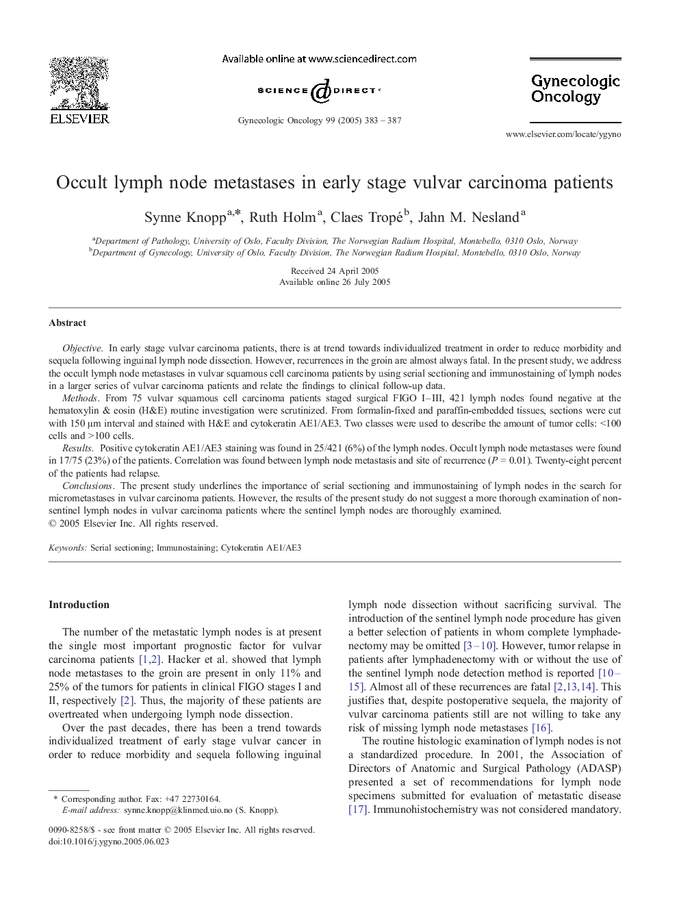 Occult lymph node metastases in early stage vulvar carcinoma patients