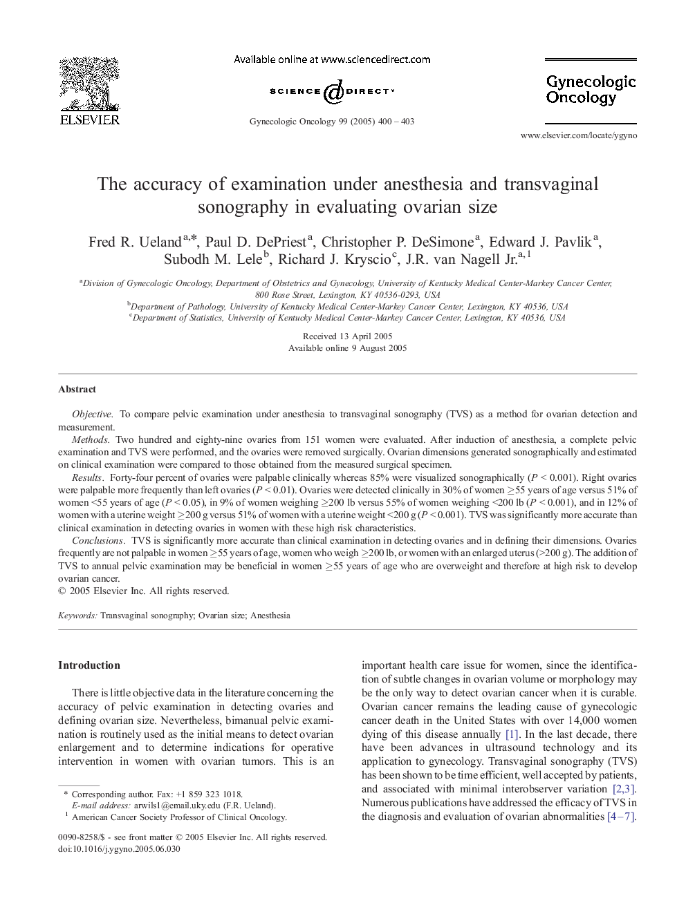 The accuracy of examination under anesthesia and transvaginal sonography in evaluating ovarian size