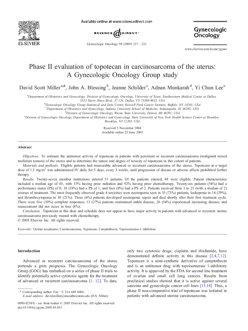 Phase II evaluation of topotecan in carcinosarcoma of the uterus: A Gynecologic Oncology Group study