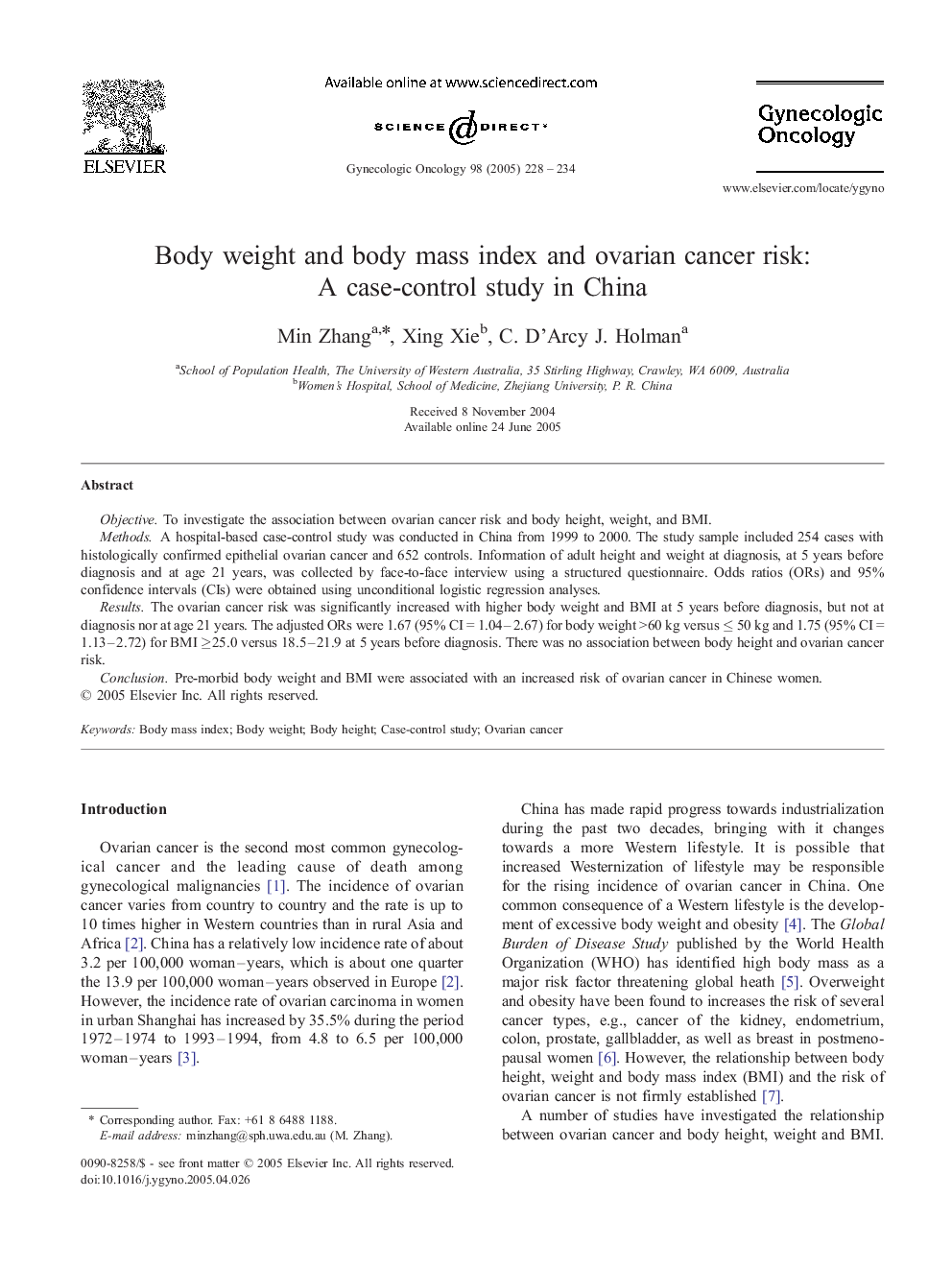 Body weight and body mass index and ovarian cancer risk: A case-control study in China