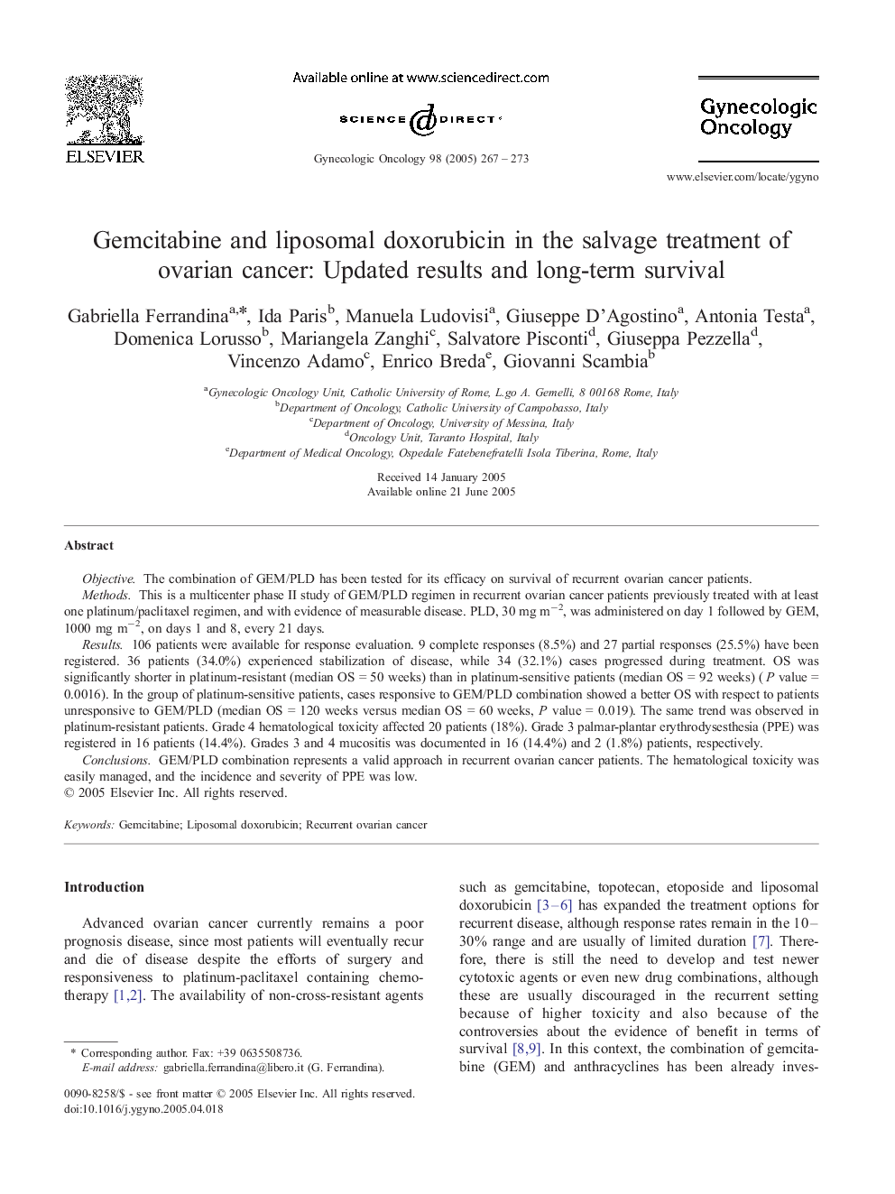 Gemcitabine and liposomal doxorubicin in the salvage treatment of ovarian cancer: Updated results and long-term survival