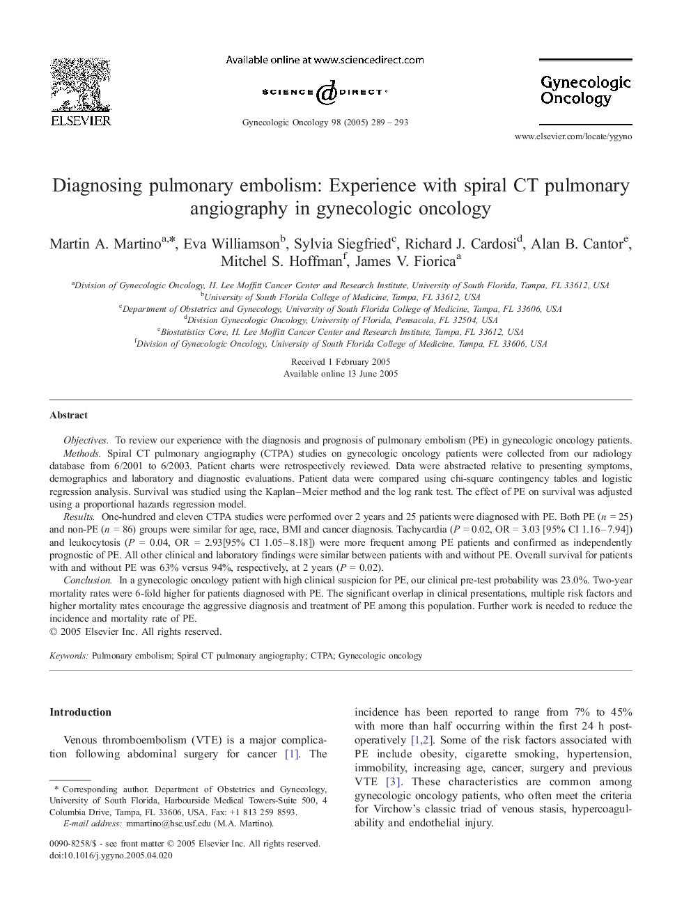 Diagnosing pulmonary embolism: Experience with spiral CT pulmonary angiography in gynecologic oncology