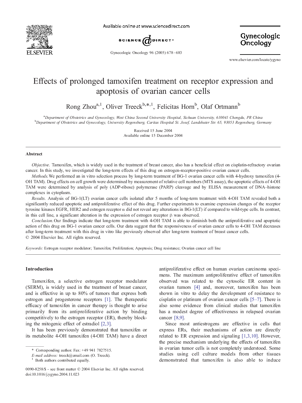 Effects of prolonged tamoxifen treatment on receptor expression and apoptosis of ovarian cancer cells