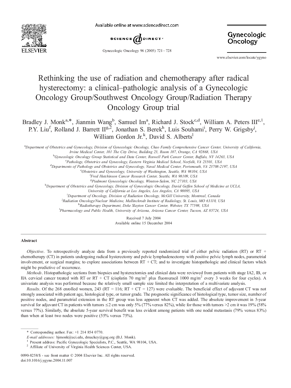 Rethinking the use of radiation and chemotherapy after radical hysterectomy: a clinical-pathologic analysis of a Gynecologic Oncology Group/Southwest Oncology Group/Radiation Therapy Oncology Group trial