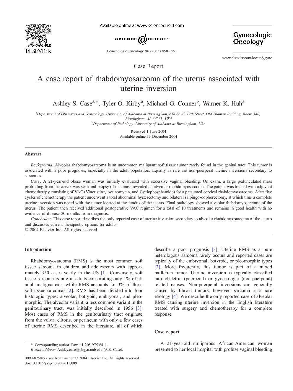 A case report of rhabdomyosarcoma of the uterus associated with uterine inversion