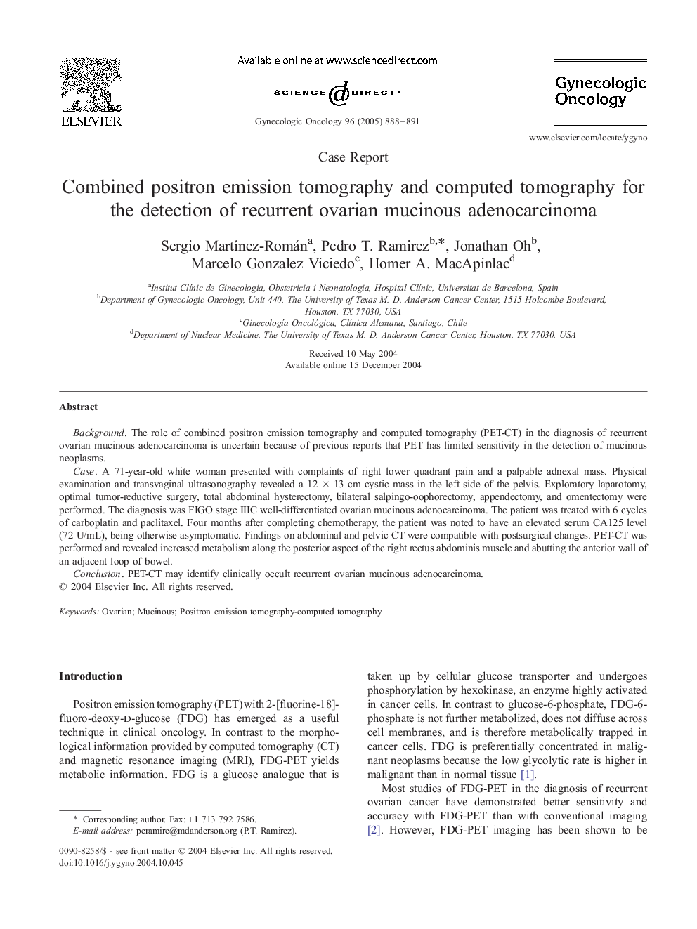 Combined positron emission tomography and computed tomography for the detection of recurrent ovarian mucinous adenocarcinoma