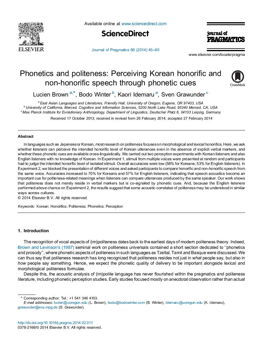 Phonetics and politeness: Perceiving Korean honorific and non-honorific speech through phonetic cues