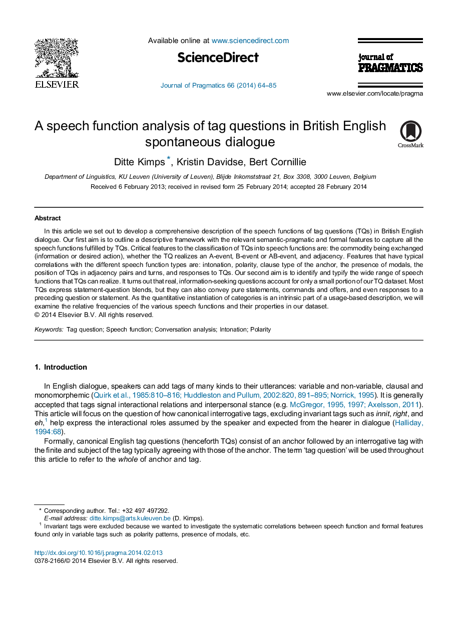 A speech function analysis of tag questions in British English spontaneous dialogue