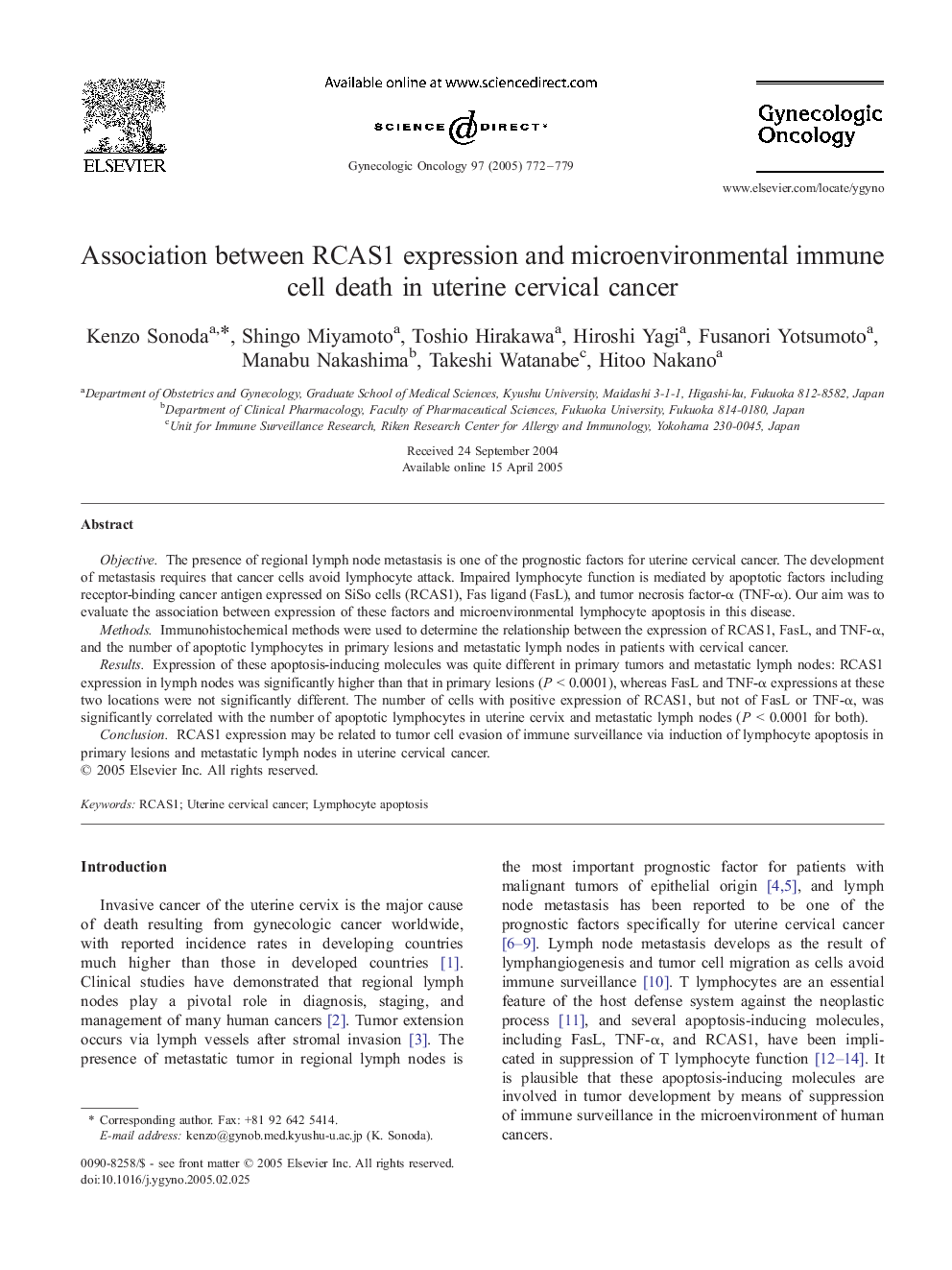 Association between RCAS1 expression and microenvironmental immune cell death in uterine cervical cancer