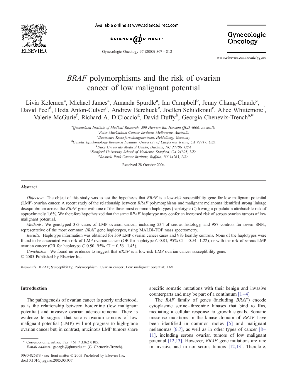 BRAF polymorphisms and the risk of ovarian cancer of low malignant potential