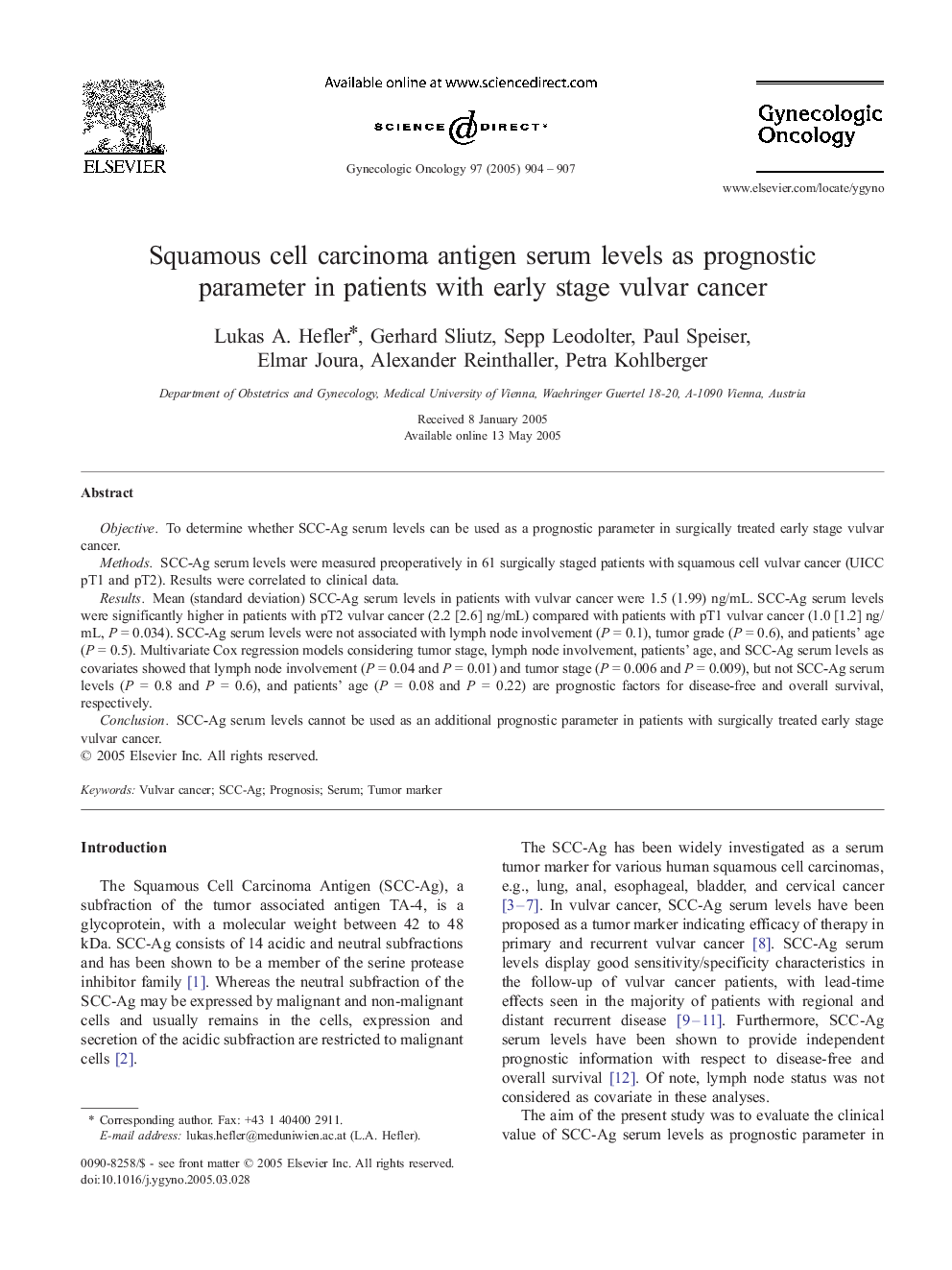 Squamous cell carcinoma antigen serum levels as prognostic parameter in patients with early stage vulvar cancer