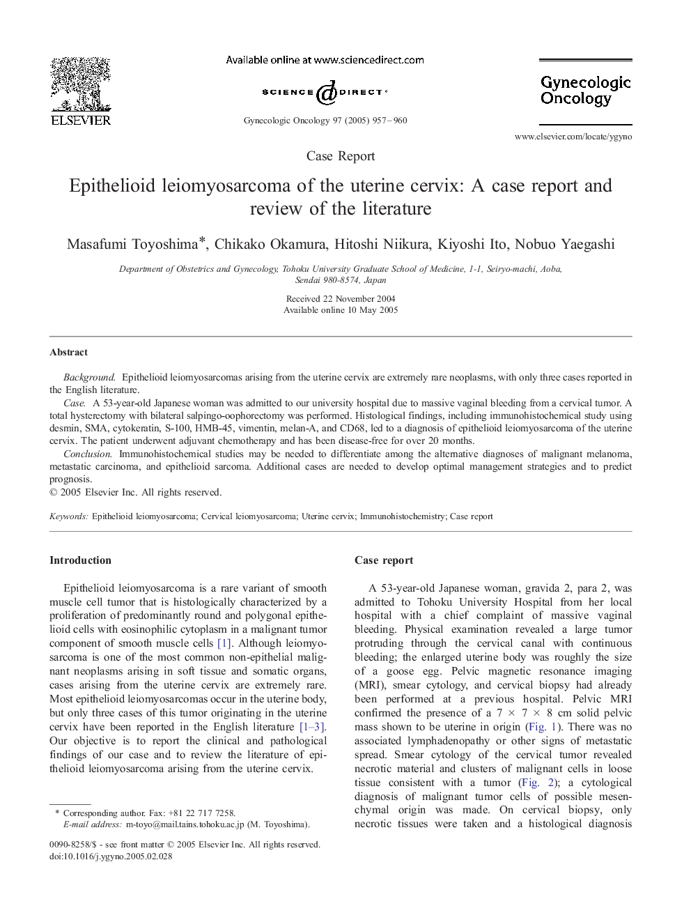 Epithelioid leiomyosarcoma of the uterine cervix: A case report and review of the literature