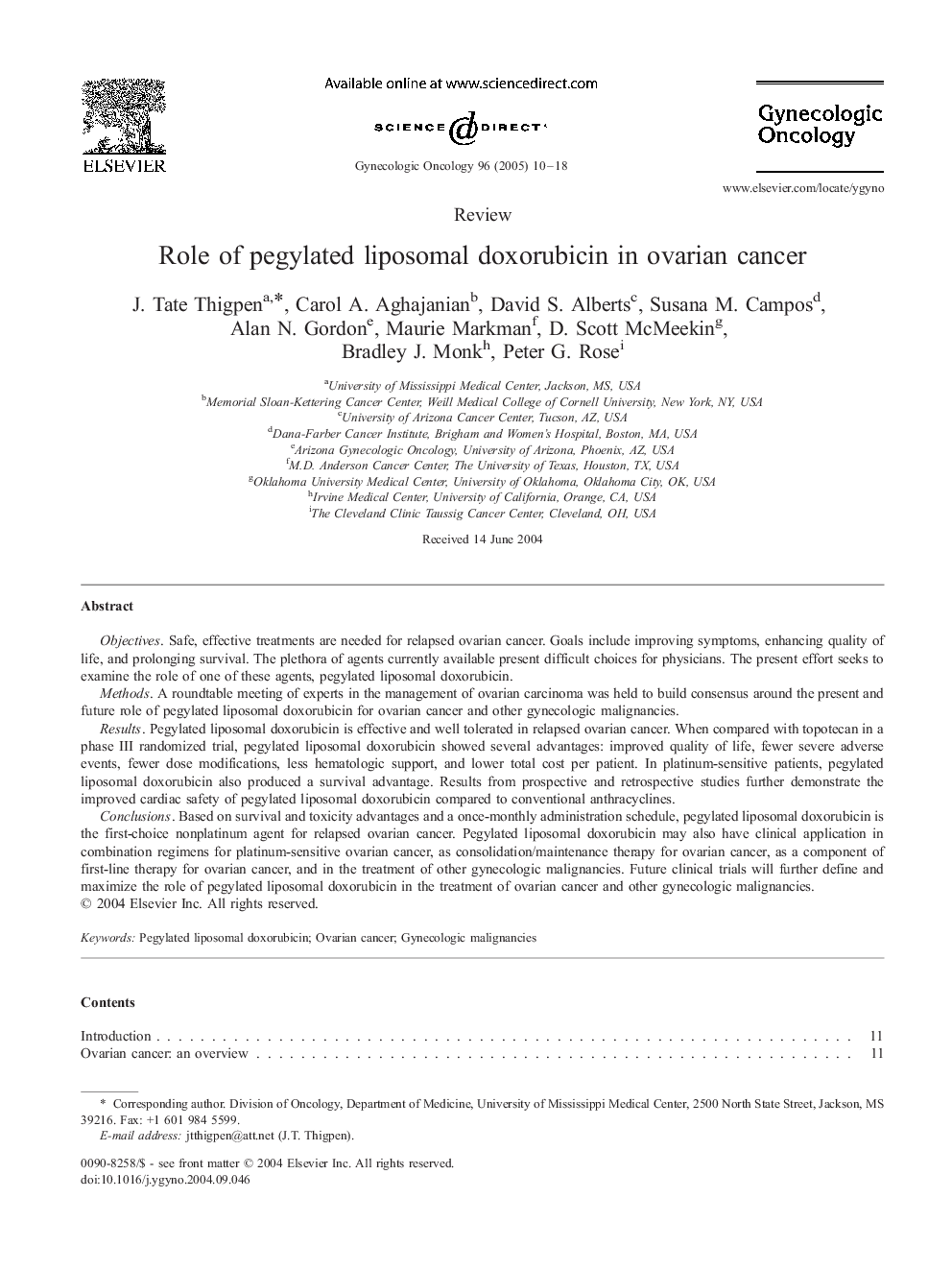 Role of pegylated liposomal doxorubicin in ovarian cancer