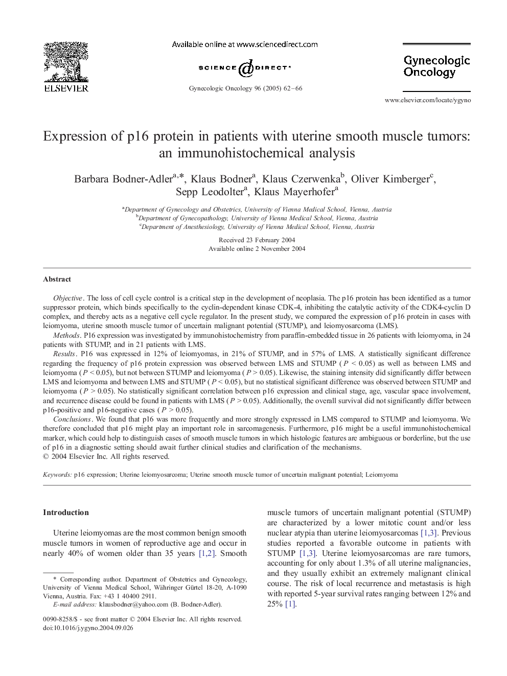 Expression of p16 protein in patients with uterine smooth muscle tumors: an immunohistochemical analysis