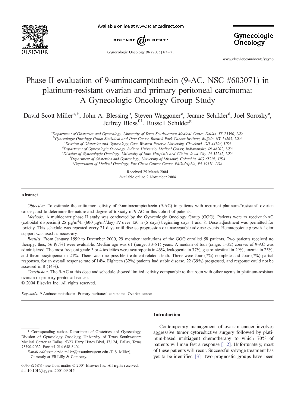 Phase II evaluation of 9-aminocamptothecin (9-AC, NSC #603071) in platinum-resistant ovarian and primary peritoneal carcinoma: A Gynecologic Oncology Group Study