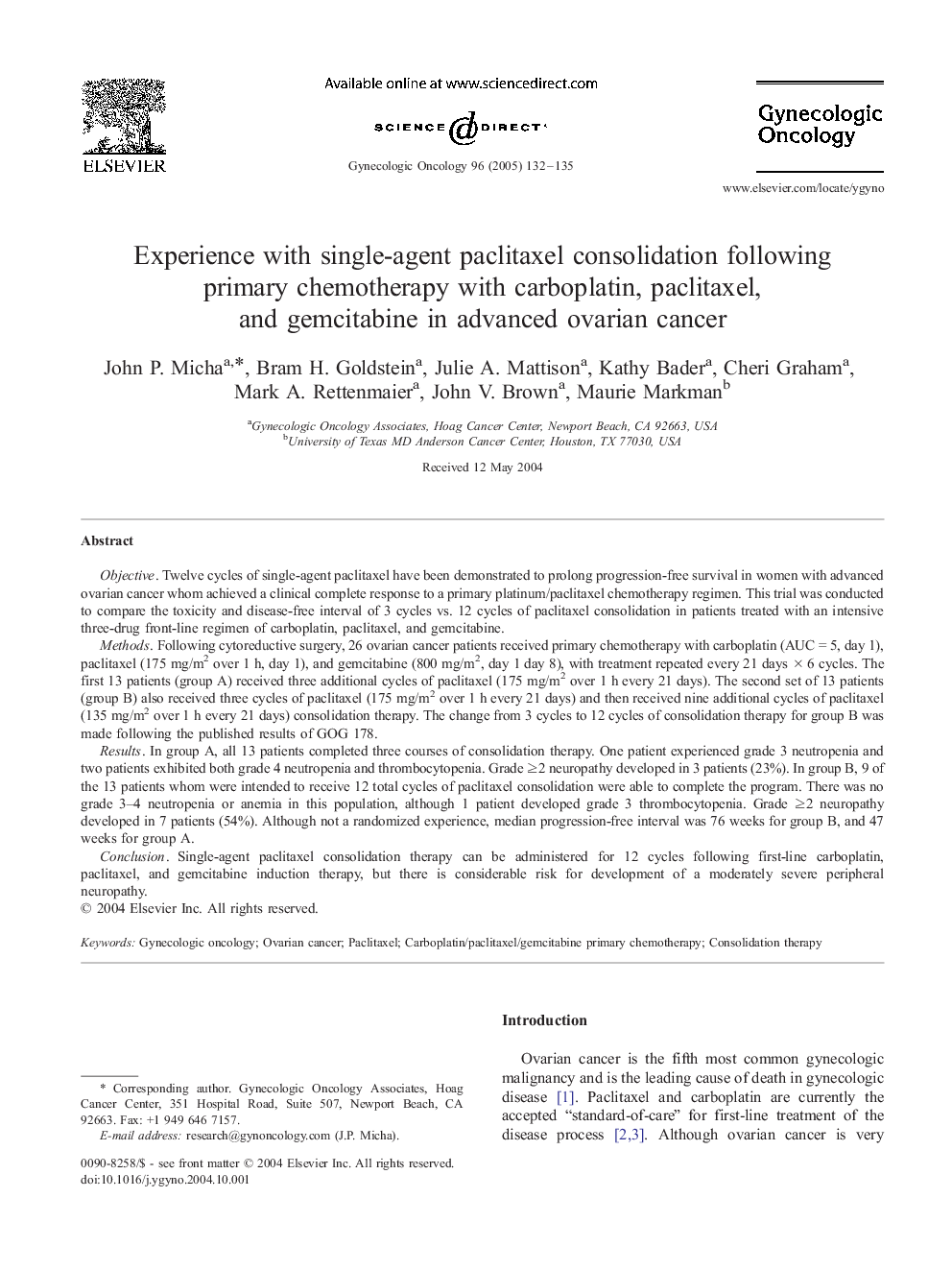 Experience with single-agent paclitaxel consolidation following primary chemotherapy with carboplatin, paclitaxel, and gemcitabine in advanced ovarian cancer