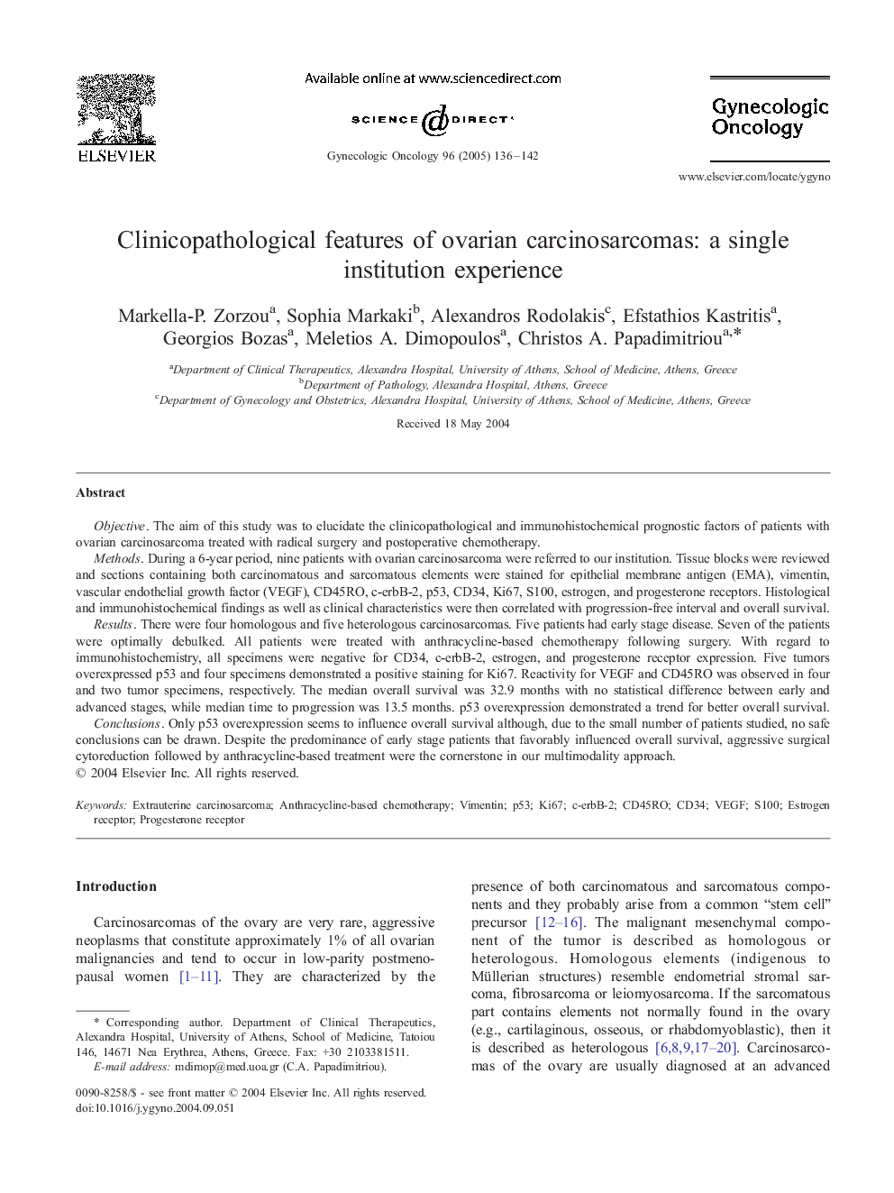 Clinicopathological features of ovarian carcinosarcomas: a single institution experience