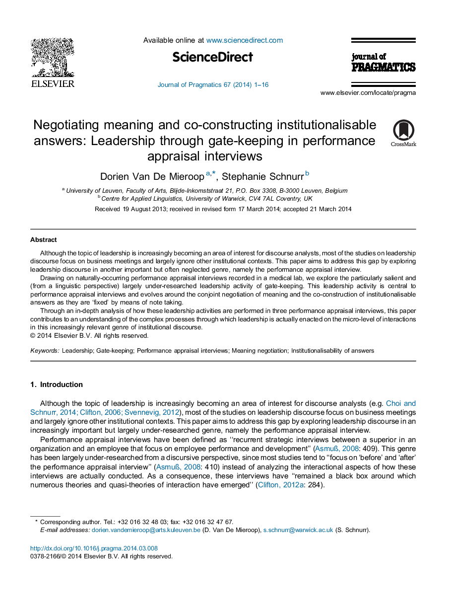 Negotiating meaning and co-constructing institutionalisable answers: Leadership through gate-keeping in performance appraisal interviews