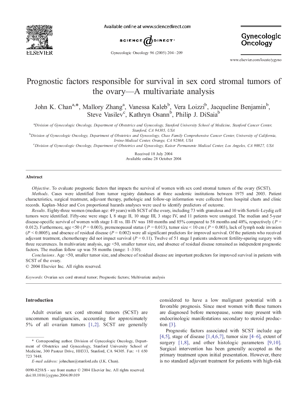 Prognostic factors responsible for survival in sex cord stromal tumors of the ovary-A multivariate analysis