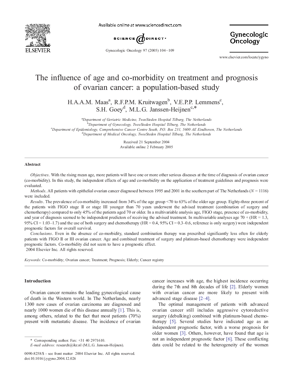 The influence of age and co-morbidity on treatment and prognosis of ovarian cancer: a population-based study