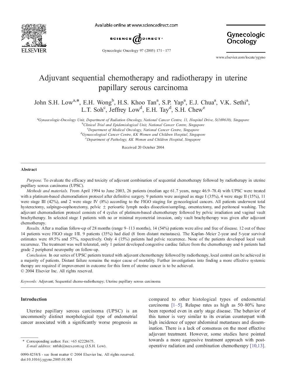 Adjuvant sequential chemotherapy and radiotherapy in uterine papillary serous carcinoma