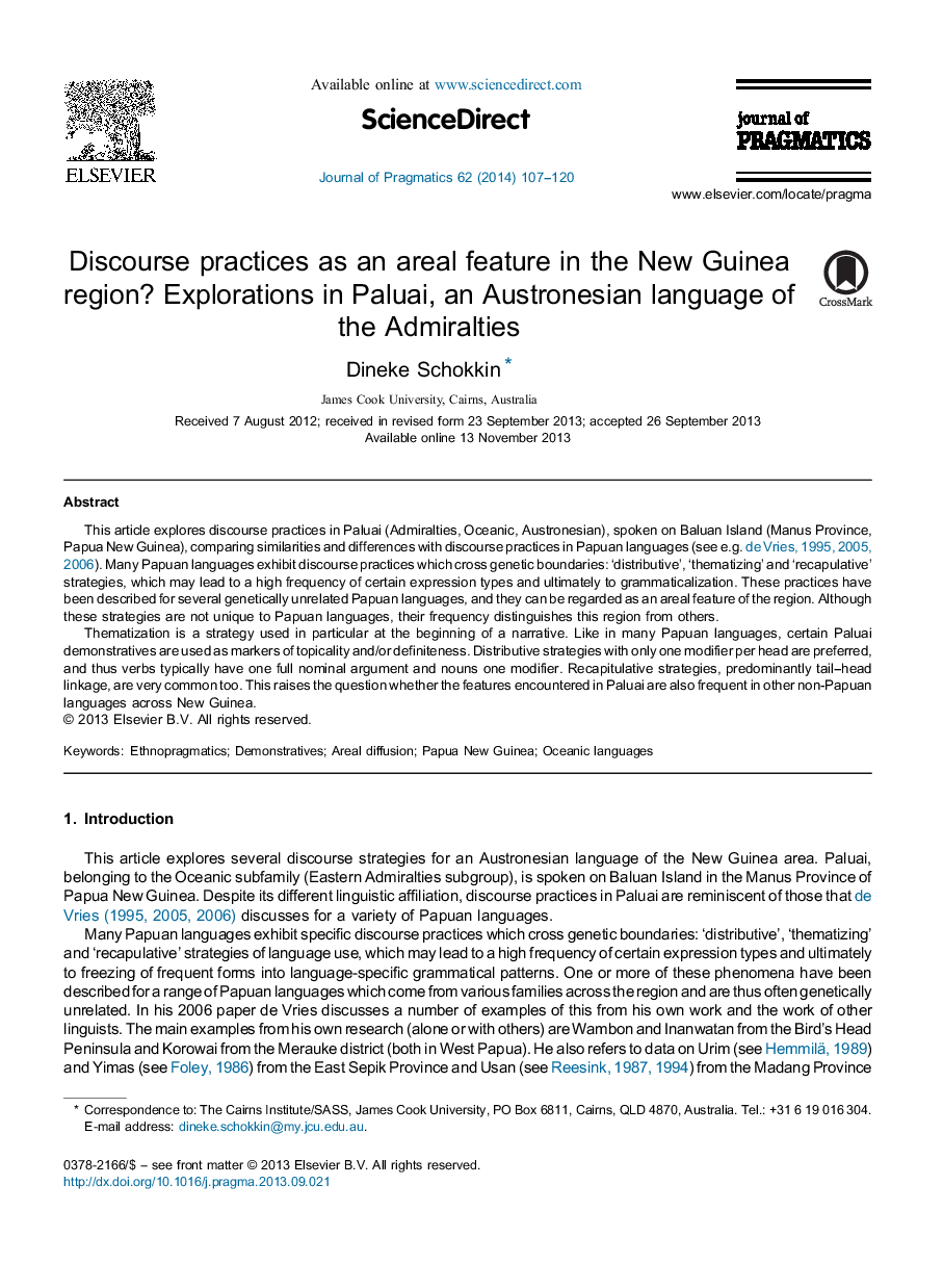 Discourse practices as an areal feature in the New Guinea region? Explorations in Paluai, an Austronesian language of the Admiralties