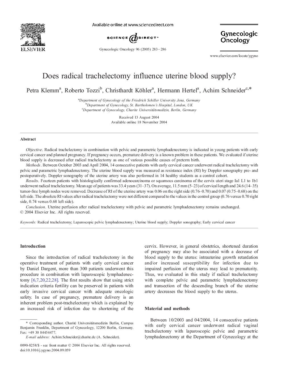 Does radical trachelectomy influence uterine blood supply?