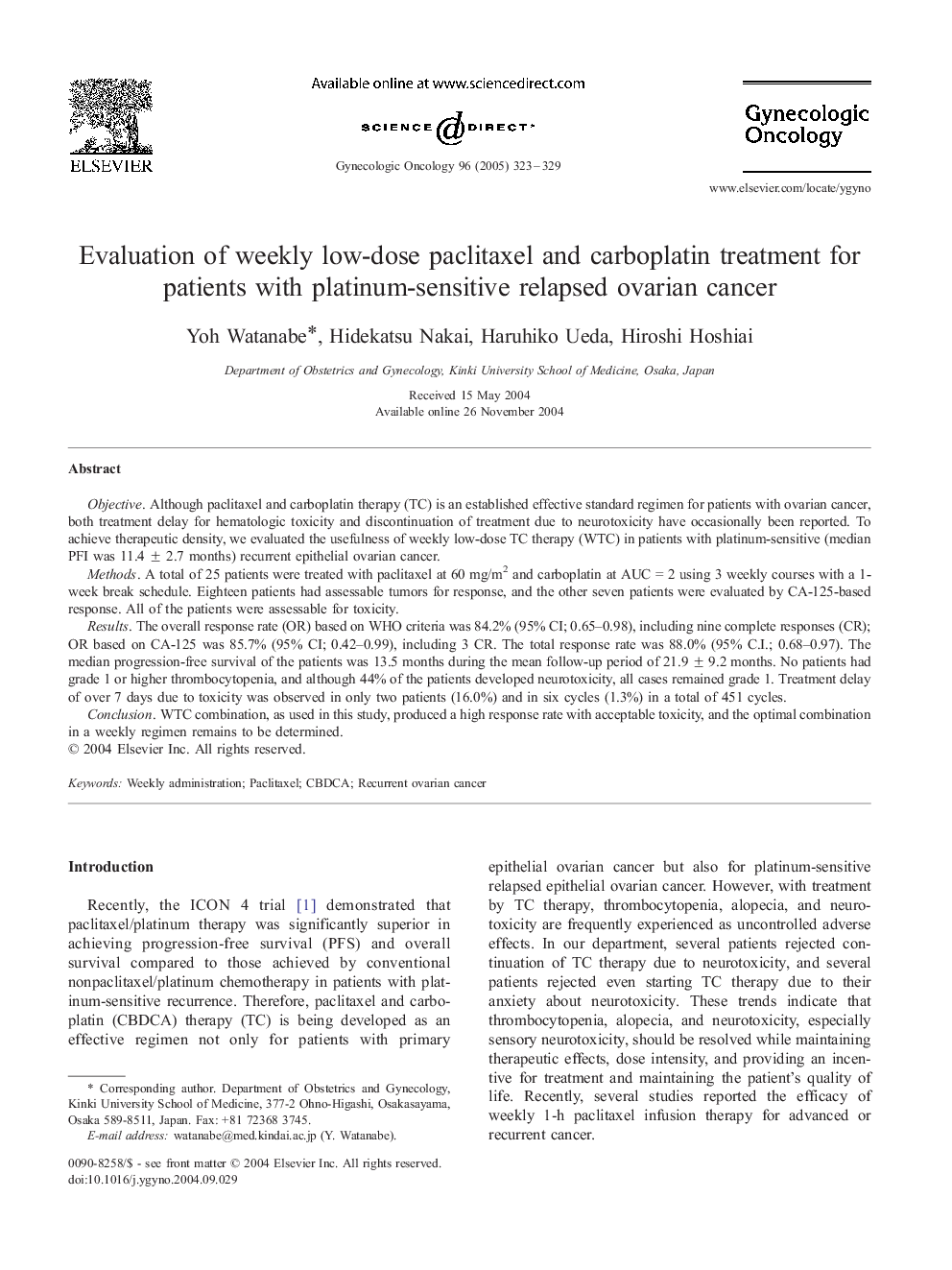 Evaluation of weekly low-dose paclitaxel and carboplatin treatment for patients with platinum-sensitive relapsed ovarian cancer