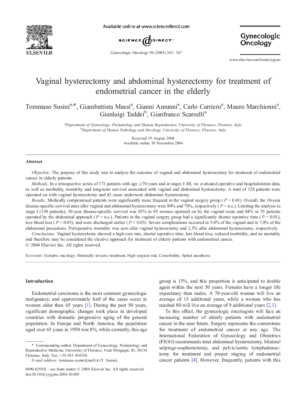 Vaginal hysterectomy and abdominal hysterectomy for treatment of endometrial cancer in the elderly